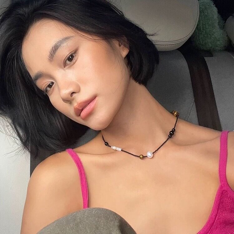 Boho Chic Tiger's Eye & Baby Pearl Asymmetric Beaded Necklace - Image 3