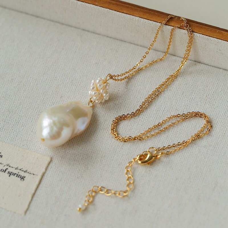 French Vintage Floral Cluster & Teardrop Baroque Pearl Necklace - Image 3