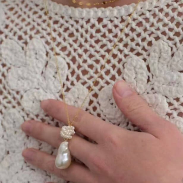 French Vintage Floral Cluster & Teardrop Baroque Pearl Necklace