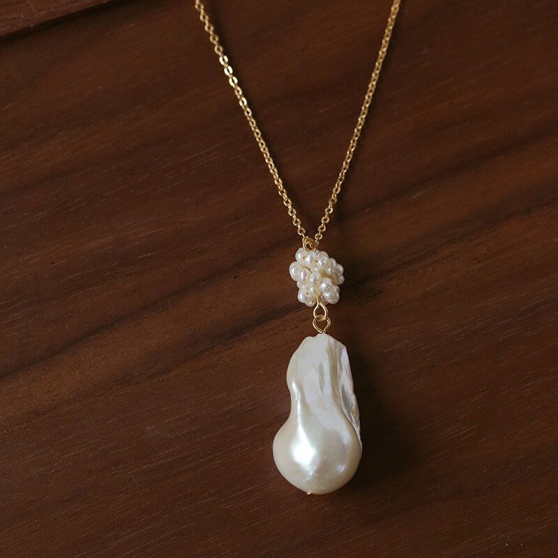 French Vintage Floral Cluster & Teardrop Baroque Pearl Necklace - Image 4