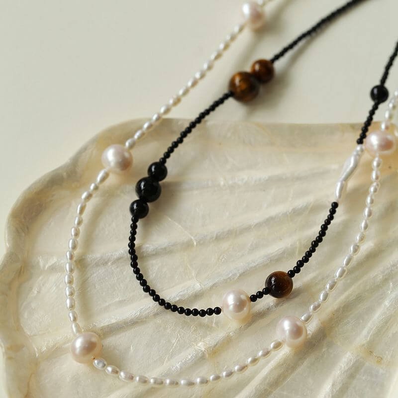Boho Chic Tiger's Eye & Baby Pearl Asymmetric Beaded Necklace - Image 4