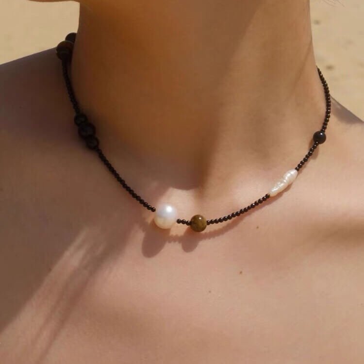 Boho Chic Tiger's Eye & Baby Pearl Asymmetric Beaded Necklace - Image 2