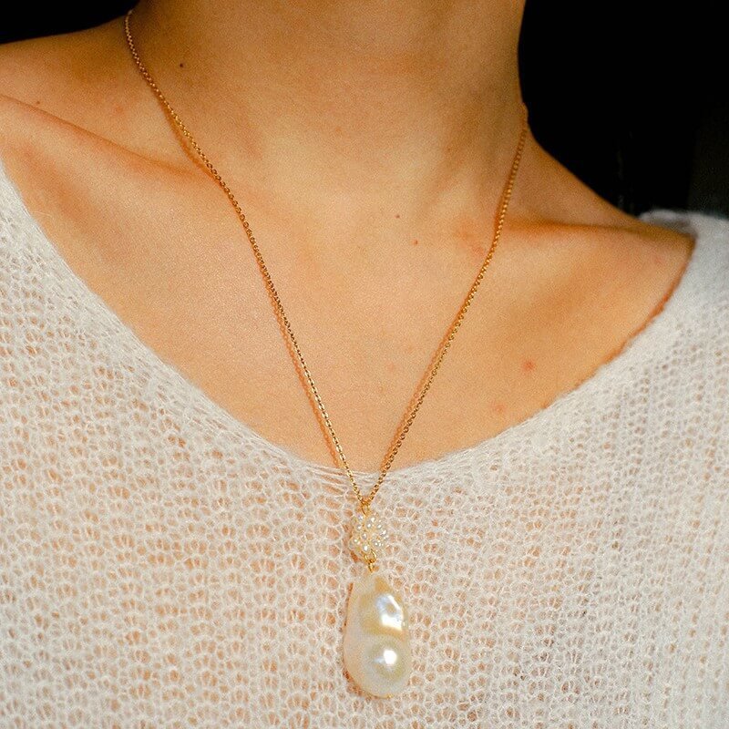 French Vintage Floral Cluster & Teardrop Baroque Pearl Necklace - Image 2