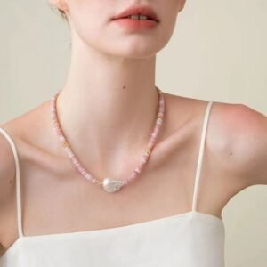 French Elegant Light Pink Natural Stone & Baroque Pearl Beaded Necklace