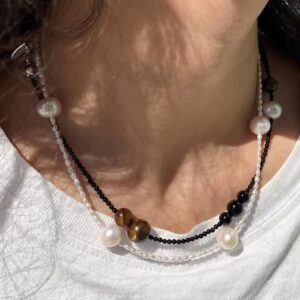 Boho Chic Tiger's Eye & Baby Pearl Asymmetric Beaded Necklace