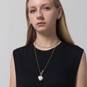 Vintage Green Agate & Baroque Pearl Opera Length Necklace