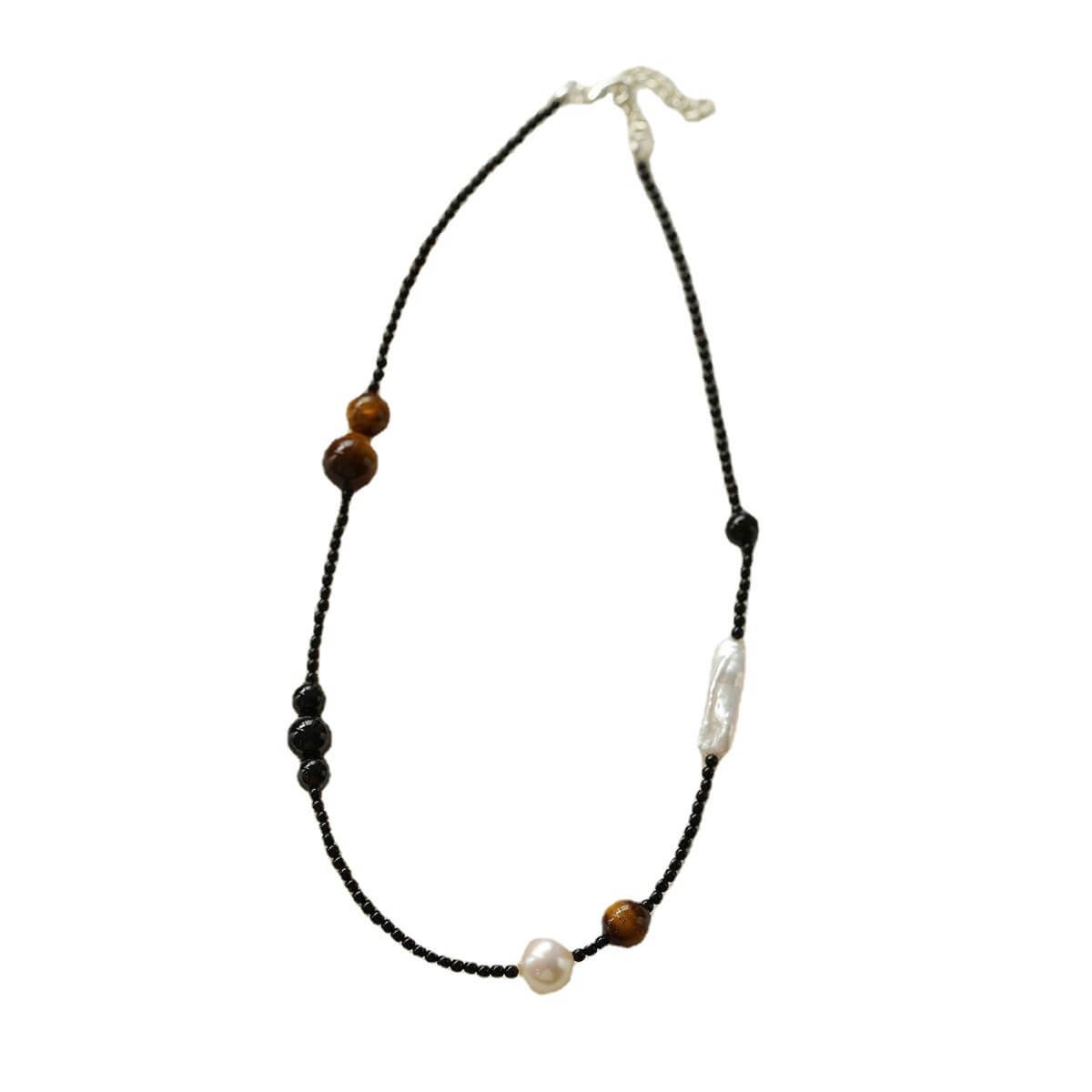 Boho Chic Tiger's Eye & Baby Pearl Asymmetric Beaded Necklace - Image 5